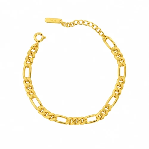 INS style 18K gold-plated S925 sterling silver Figaro link chain bracelet on white background
