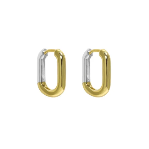 INS style two-tone S925 sterling silver and 18K gold-plated lava textured U-shaped hoop earrings on white background