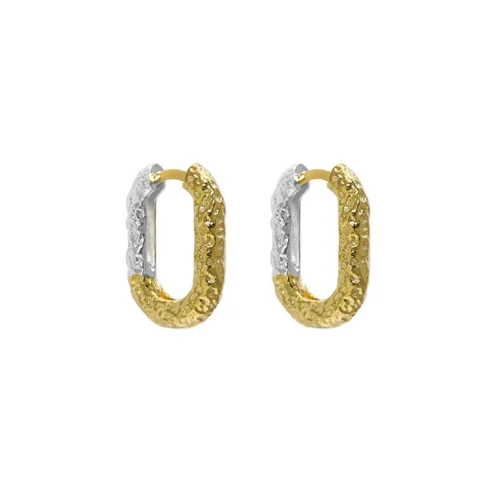 INS style two-tone S925 sterling silver and 18K gold-plated lava textured U-shaped hoop earrings on white background