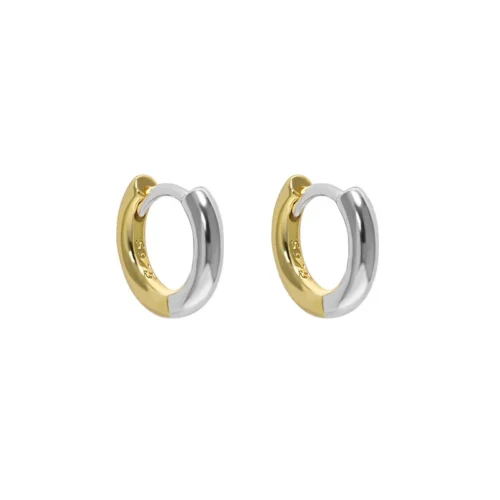 INS style two-tone S925 sterling silver and 18K gold-plated mini round huggie hoop earrings on white background