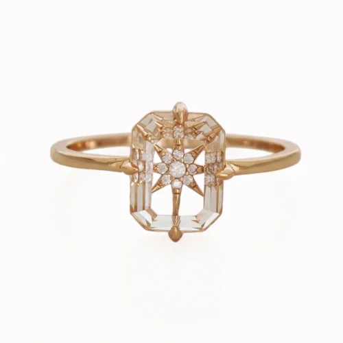 Front view of a white crystal ring with a zircon star in a gold-plated band
