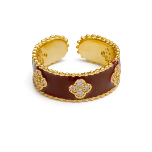 Front view of the 14K gold-plated vintage ring featuring wine red enamel and zircon four-leaf clover motifs on a white background.